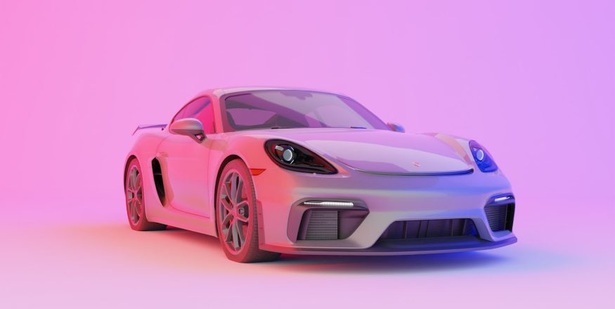 a white sports car on a pink and purple background
